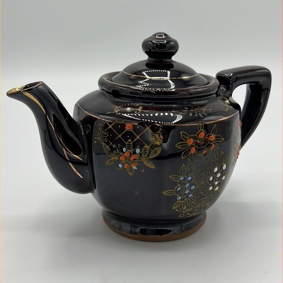 JAPANESE BROWN HAND-PAINTED CERAMIC MORIAGE TEAPOT - Picture 3 of 9